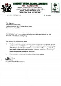 INEC rejects PDP's NEC meeting notice for excluding National Secretary's signature