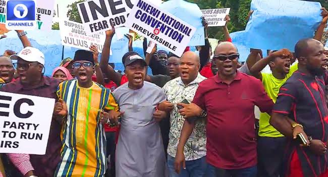 Labour Party crisis: Abure-led faction storms INEC, protests exclusion from by-election